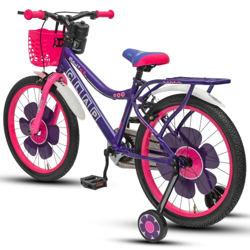 Image of Petal 20T Kids Bicycle with Training Wheels | Backrest, Basket & Full Chain Cover | Ideal for Girls Aged 7-9 Years (Purple-Pink, 20T)