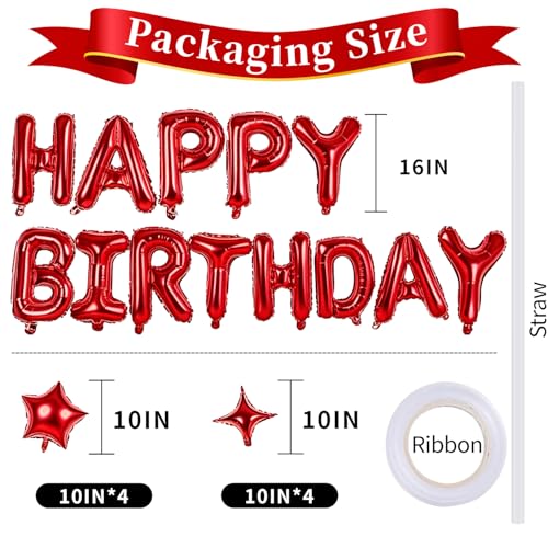 Image of Red Happy Birthday Balloons Banner 16 Inch Mylar Foil Letters, 10 Inch Five & Four Star, Inflatable Party Decor and Birthday Decorations for Women, Men, Boys & Girls Kids and Adults, Party Supplies