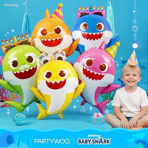 Image of PartyWoo Baby Shark Family Foil Balloons 5pcs 36 34 32 Inch Baby Shark Family Mylar Helium Birthday Balloons for Boys and Girls Children Under the Sea Ocean Theme Kids Birthday Party Decorations