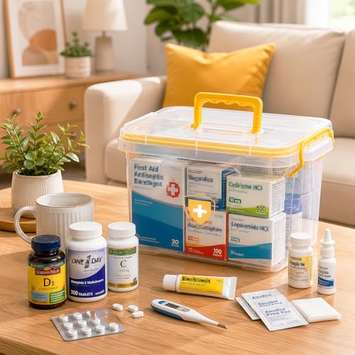 Image of 15QT Clear Medicine Organizer Box with Handle, Plastic Medicine Container with Tray First Aid Box Empty, Thickened Medicine Storage Organizer Multipurpose Medication Organizer Storage, Yellow