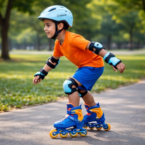 Image of Airavat 7510 Zippy Kids Protective Set Including Helmet Along with Knee Pads, Elbow Pads & Palm Guards (Cyan)