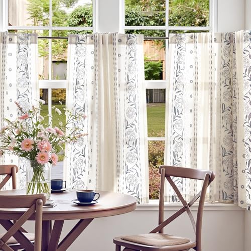 Image of jinchan Blue Floral Linen Kitchen Tier Curtains 45 Inches Back Tab 2 Panels