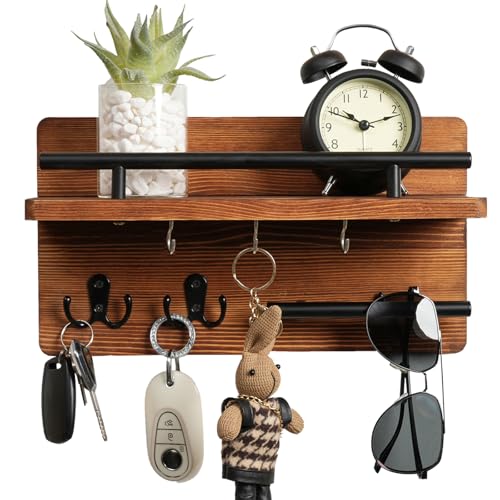 Key Holder for Wall, Wooden Mail Rack Organizer with Shelf and 5 Key Hooks, Wall Mounted Key Hanger for Entryway, Rustic Brown HKKS1001BR