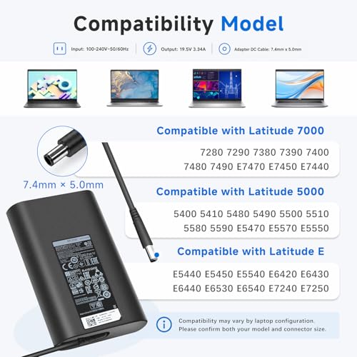 Image of 65W 7.4mm Laptop Charger Compatible with Dell Latitude Inspiron | 19.5V 3.34A AC Adapter For 5400 5480 5490 5500 5590 7480 7490 E5400 E5420 E5450 E5470 LA65NM130 HA65NM130 PA-12 Big Barrel