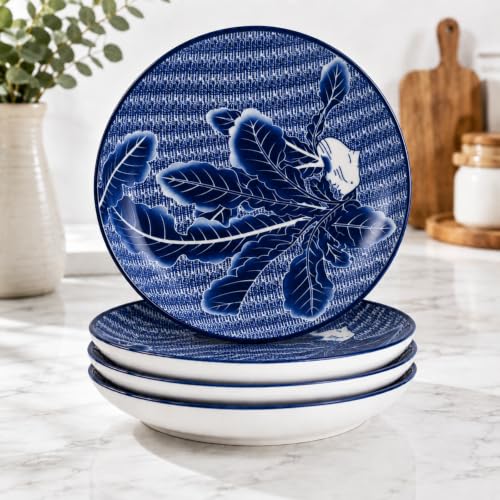 Image of Ceramic Dinner Plates, Round Serving Plates, Floral Leaf Design, Food Grade Ceramic, Microwave & Dishwasher Safe, Deep Coupe Plates for Dining, Snacks & Desserts(Botanical Leaf Pattern, PACK OF 4)