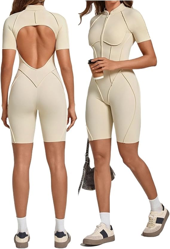 Tenue de fitness et de yoga moulante une pièce femme avec manches courtes pour sport d'été
