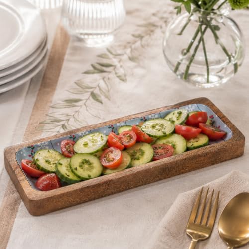 Image of Bluetiful Bites Serving Platter | Blue Enamel Finish Mango Wood Platter | Multipurpose Platter for Snacks, Fruits & Desserts, Premium Table Decor for Dining & Kitchen