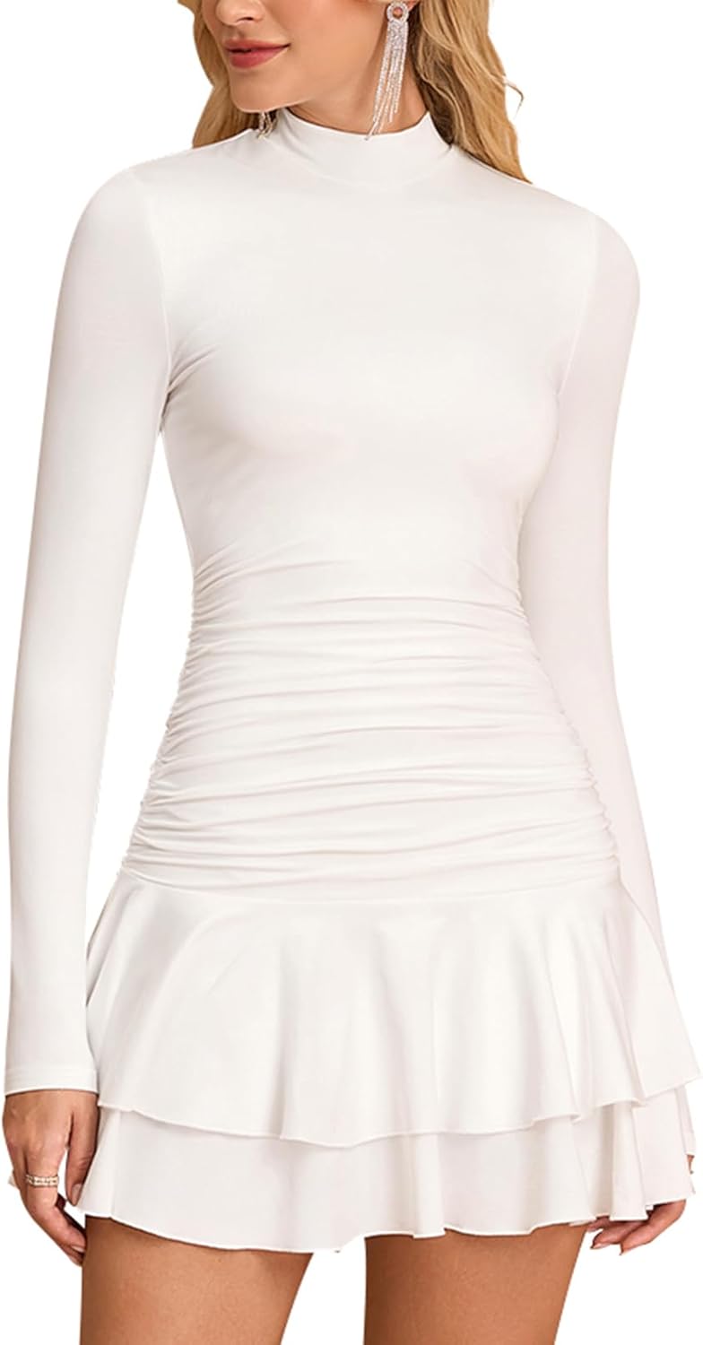GLNEGE Fall Long Sleeve Mini Party Dress Flowy Mock Neck Ruffle Layered Going Out Dresses for Women