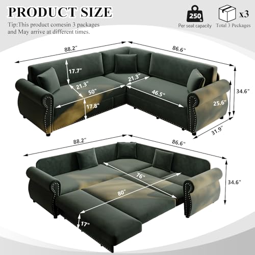 Image of KCGKCG 88.2 inch Sleeper Sofa Bed, Sectional Couches for Living Room /Apartment, Chenille L Shaped Couch with Pull Out Couch Bed, Convertible Sectional Sofa with Rolled Arm & Nailhead Trim, Green