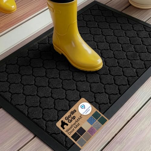 Image of GORILLA GRIP WeatherMAX Door Mat, Indoor Outdoor, 35x23, Black Quatrefoil