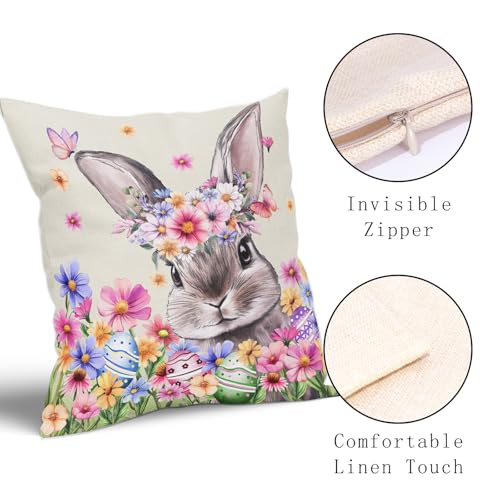 Spring Pillow Covers 20x20 Inch Set of 2 Rabbit Bunny Floral Flower Green Leaves Vintage Botanical Plants Easter Themed Cotton Linen Decorative Throw Pillow Case for Bedroom Sofa Living Room Chair