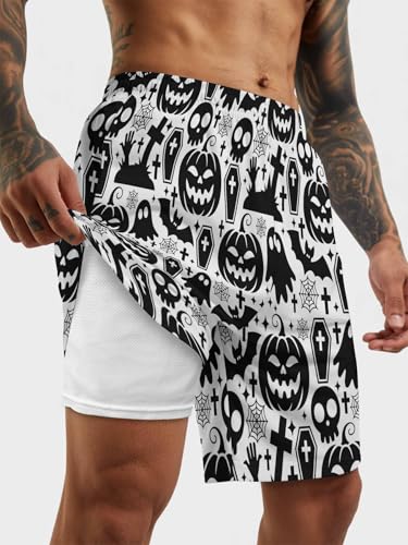 Mens Swim Trunks with Compression Liner,Halloween Skull Ghost Men's Inseam Board Shorts Quick Dry Bathing Suit for Men/Boys2