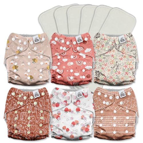 Image of Mama Koala 3.0 Cloth Diapers for Babies with AWJ Lining, 6 Pack with 6 5-Layer Natural Cloth Diaper Inserts - Reusable and Washable Pocket Diapers(A-Pink Memories)