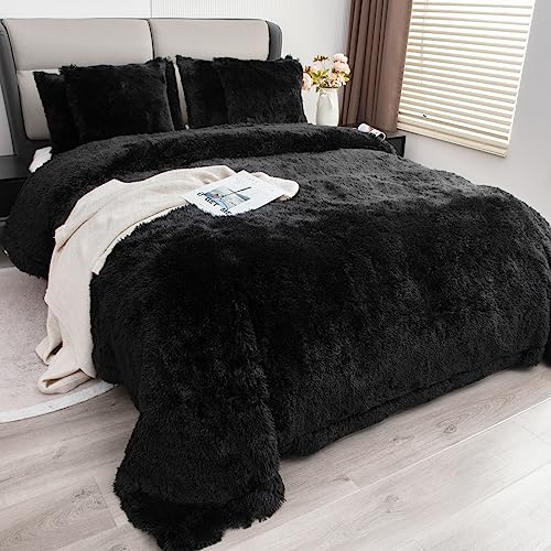 YUSOKI Black Queen Faux Fur Blanket,2 Layers,90"x90" Without Pillows Big Soft Plush Fuzzy Large Warm Fluffy Throw Blanket for Bed