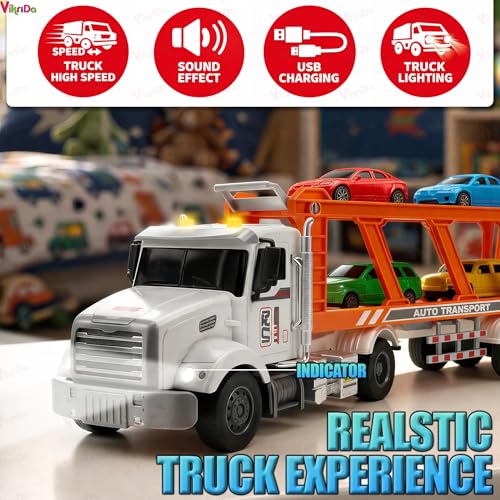 Image of VikriDA RC Transporter Truck Toy with 4 Mini Cars - 14 inch Remote Control Semi Trailer, Lights & 2 Rechargeable Batteries, Fun Carrier Truck for Kids