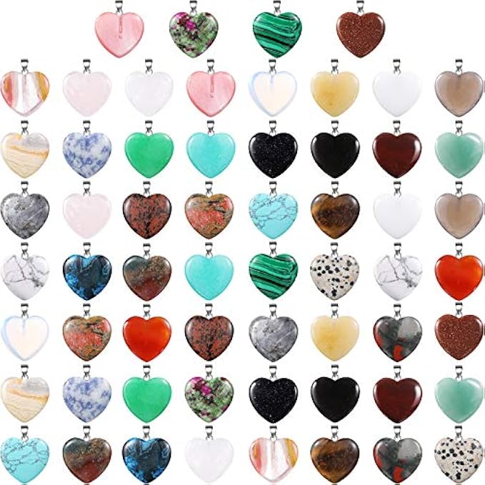 60 Pieces Heart Stone Pendant Chakra Beads DIY Crystal Jewelry DIY Stone Heart Pendant Valentine's Day DIY Jewelry Necklace Keychain Earrings Craft Supplies, Multicolor