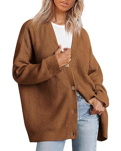 Image of ebossy Women's Open Front Knit Cardigan Casual Long Sleeve Oversized Button Lightweight Sweater Outwear (XS, Brown)