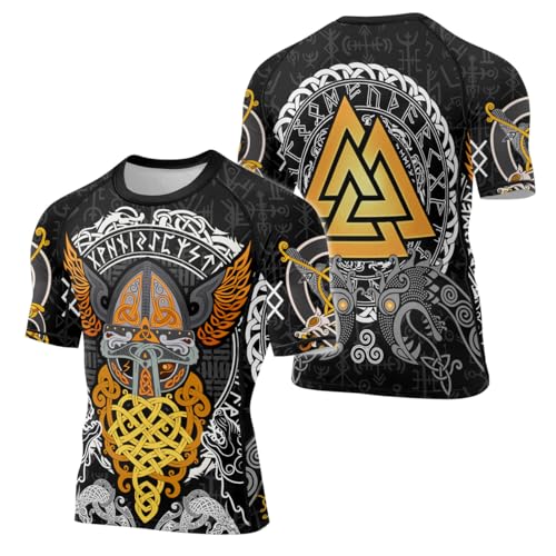 Viking Tatoo Compression Shirts Rash Guard Short Sleeve for Men BJJ MMA Grappling Base Layer