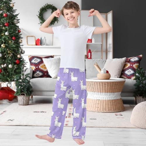 Boy's Pj Pants Llama Alpaca Flower Light Purple Lounge Bottoms Elastic Waist Kids Joggers with Pockets Size 6-142