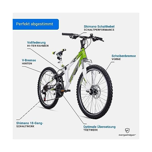 Bergsteiger Montreal 20, 24 Zoll Kinderfahrrad, geeignet für 6,7, 8, 9, 10, 11, 12, 13 Jahre, Shimano 18 Gang-Schaltung, Mountainbike mit Vollfederung, Jungen-Fahrrad, Mädchen-Fahrrad – Bild 6
