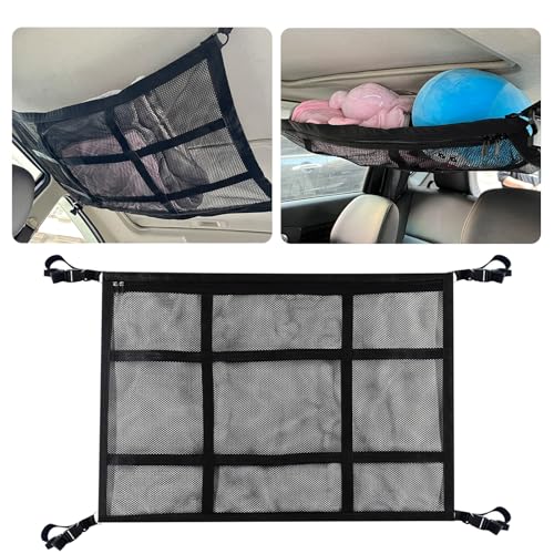 Car Ceiling Cargo Net 35.4325.59 Auto Ceiling Storage with Reinforced Buckle Fastener Double Layer Mesh Roof Storage Organizer Universal Camping Essentials for Cars Vans SUVs