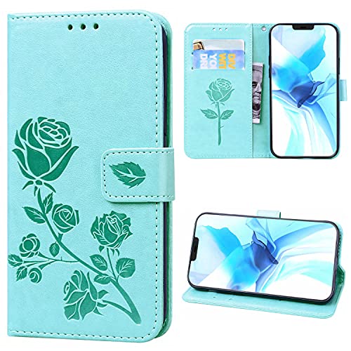 Étui portefeuille iPhone 12 / 12 Pro en cuir menthe avec béquille