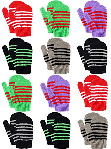 12 Pairs Kids Knit Mittens Toddler Stretch Gloves Winter Knitted Warm Mitten for Boys Girls (Color Set 1)