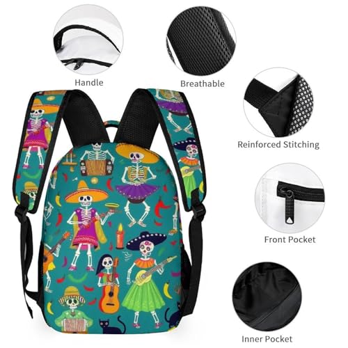 Backpack Book Bags with Lunch Box Storage Bag Backpack Set Daypack with Lunch Bag and Cosmetic Bags (Day of The Dead Skeleton Dance)3