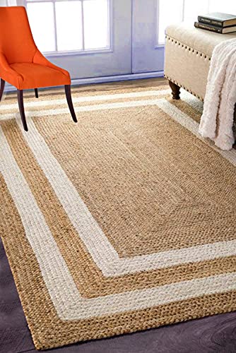Housine Handmade Natural Jute Cotton Natural Fibers Floor/Door Mat Rug Furnish Décor Striped Rectangular Design Carpet for Bedroom Living Room (Dpwhite, 6 Feet X 8 Feet - Carpet/Rug)