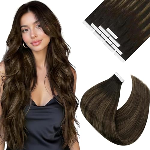 Image of Ve Sunny Hair Tape in Hair Extensions Human Hair Balayage 22Inch Long | Darkest Brown with Medium Brown Balayage,Wedding Guest Hair,25g 10Pcs,Straight Smooth,for Everyday Wear