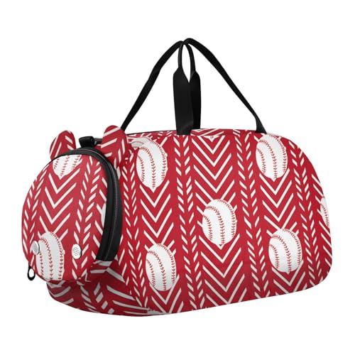 Gym Travel Duffle Bag for Boys Girls Red Chevron Baseballs Pattern Sports Dance Bag with Shoe Compartment & Wet Pocket Football Kids Travel Bag Teens Sleepover Carry