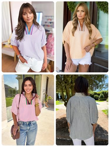 Image of Tankaneo Womens V Neck Striped Blouse Oversized Dolman Sleeve Tops Summer Casual Loose Fit Polo Shirts Red