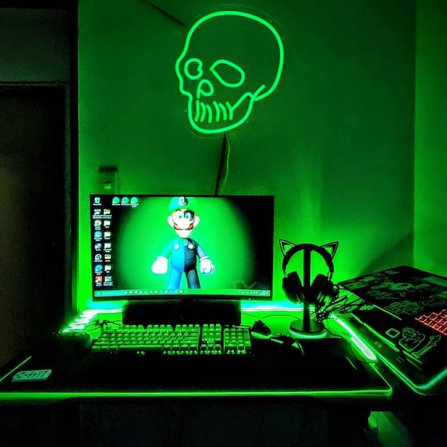 Image of Skull Neon Sign Green Skeleton Head LED Neon Signs Skull Wall Sign Neon Halloween Sign Skeleton Lights Sign for Bedroom Man Cave Game Room Halloween Decor Indoor