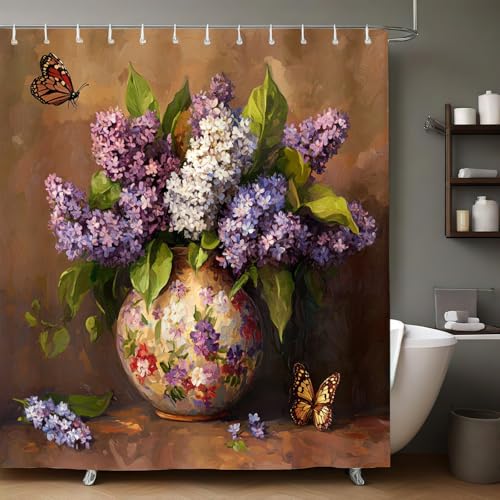 Duschvorhang 200x180 cm Blumen Flieder & Schmetterlinge wasserabweisend waschbar Polyester Badewanne Badezimmer Vorhang mit Ösen & Ringen