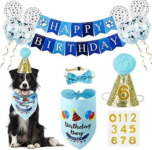 VIPITH Dog Birthday Party Supplies with Dog Birthday Bandana, Cute Happy Birthday Banner Hat Balloons for Pet Puppy Cat First Birthday Decorations (Blue/Boy)