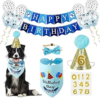VIPITH Dog Birthday Party Supplies with Dog Birthday Bandana, Cute Happy Birthday Banner Hat Balloons for Pet Puppy Cat First Birthday Decorations (Blue/Boy)