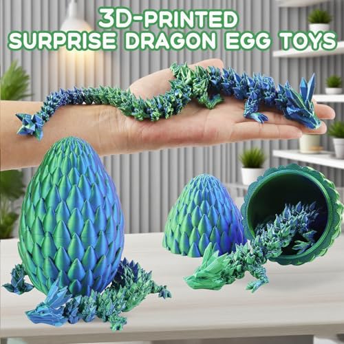 Qxbuhe 12inch 3D Printed Dragon Egg,Mystery Crystal Dragon Fidget Toys,Articulated Dragon,Home Desk Decor Easter Surprise Dinosaur Eggs,Adults Fidget Toys for Autism/ADHD (Cyanine) — view 4