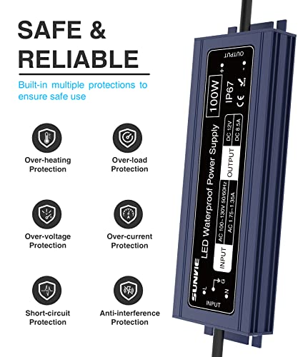 Sunvie Led Driver 12V Led Power Supply 100W Constant Voltage Led Driver Waterproof 120V To 12V Transformer 12 Volt Led Driver For Strip Lights Indoor/Outdoor Light And Any 12V Dc Devices #TOP2