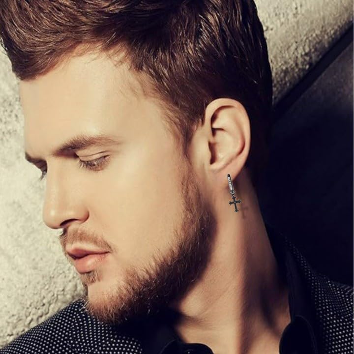 Stainless Steel Gothic Punk Dangle Cross 5A+ Cubic Zirconia Hypoallergenic Cross Hoop Cuff Huggie Drop Earrings For Men Women - Image 3