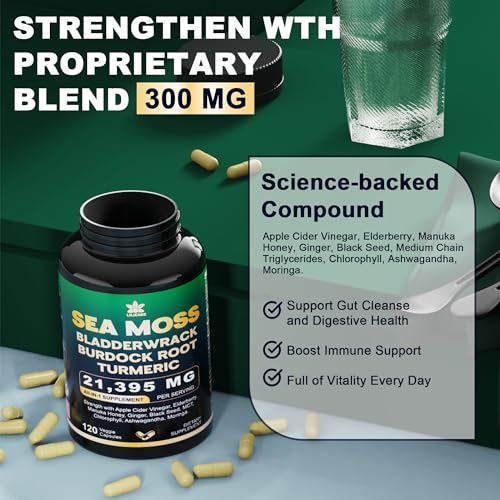 Irish Sea Moss Capsules 21395mg, Organic Sea Moss, Bladderwrack, Burdock Root, Turmeric, Black Seed Oil, Ashwagandha 16-in-1 Sea Moss Supplement