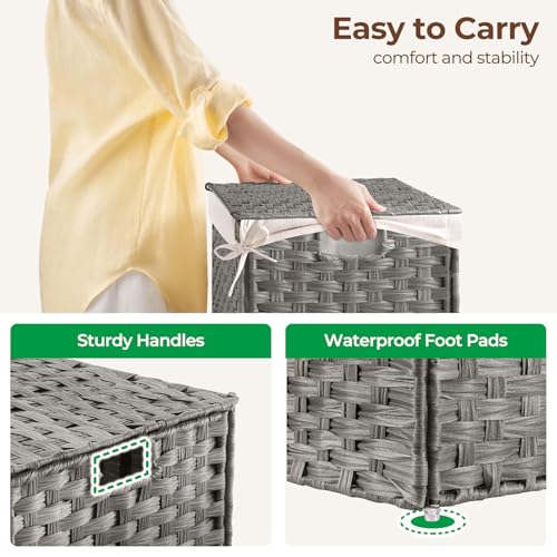 GREENSTELL Storage Basket with Lid, 17.2 Gallon(65L) Small Wicker Blanket Storage Basket with Handles, Foldable, 2 Removable Liner Bags, Metal Frame, for Bedroom, Laundry Room, Grey, 22.2"*13.4"*13.4" by GREENSTELL - Image 3
