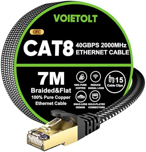 VOIETOLT CAT 8 LAN Kabel 7M,40Gbps Netzwerkkabel Ethernet Flach Geflochten | Hochgeschwindigkeits S/FTP Abgeschirmt Internet Kabel RJ45 Vergoldeter Stecker Patchkabel für Gaming PS