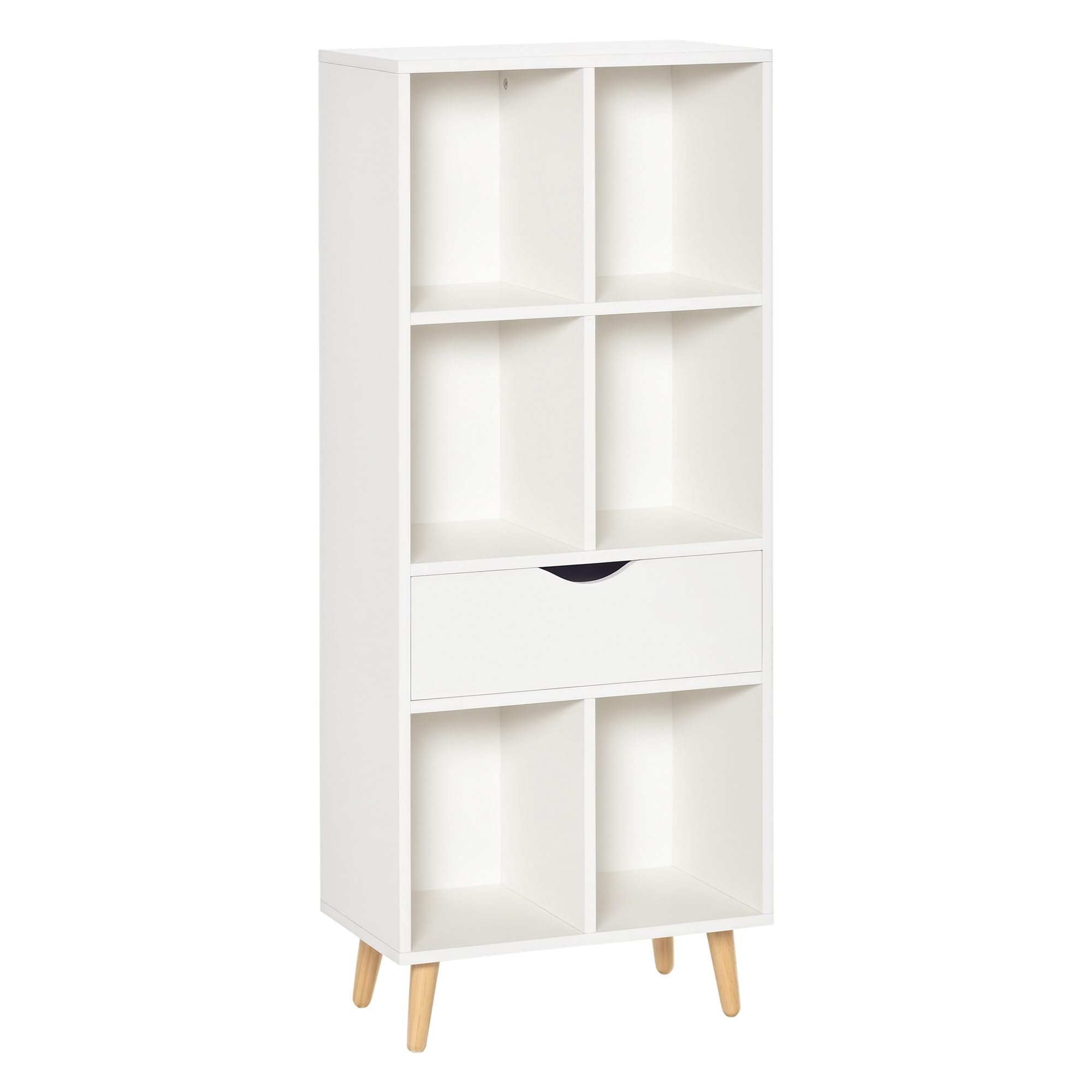 HOMCOM Librería Estantería para Libros con 1 Cajón 50x29,5x120 cm Blanco | Patas de Madera, 6 Compartimentos Abiertos, Almacenaje Plantas Archivos, para Salón Dormitorio Oficina