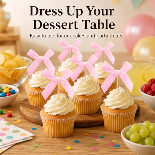 Oeyliz Pink Bow Cupcake Toppers Bow Cake Topper Decorations 24 PCS Pink Bows Cupcake Toppers Birthday Party Decorations Cake Bow Cupcake Topper for Baby Shower Birthday Wedding Bridal Party Supplies — view 2