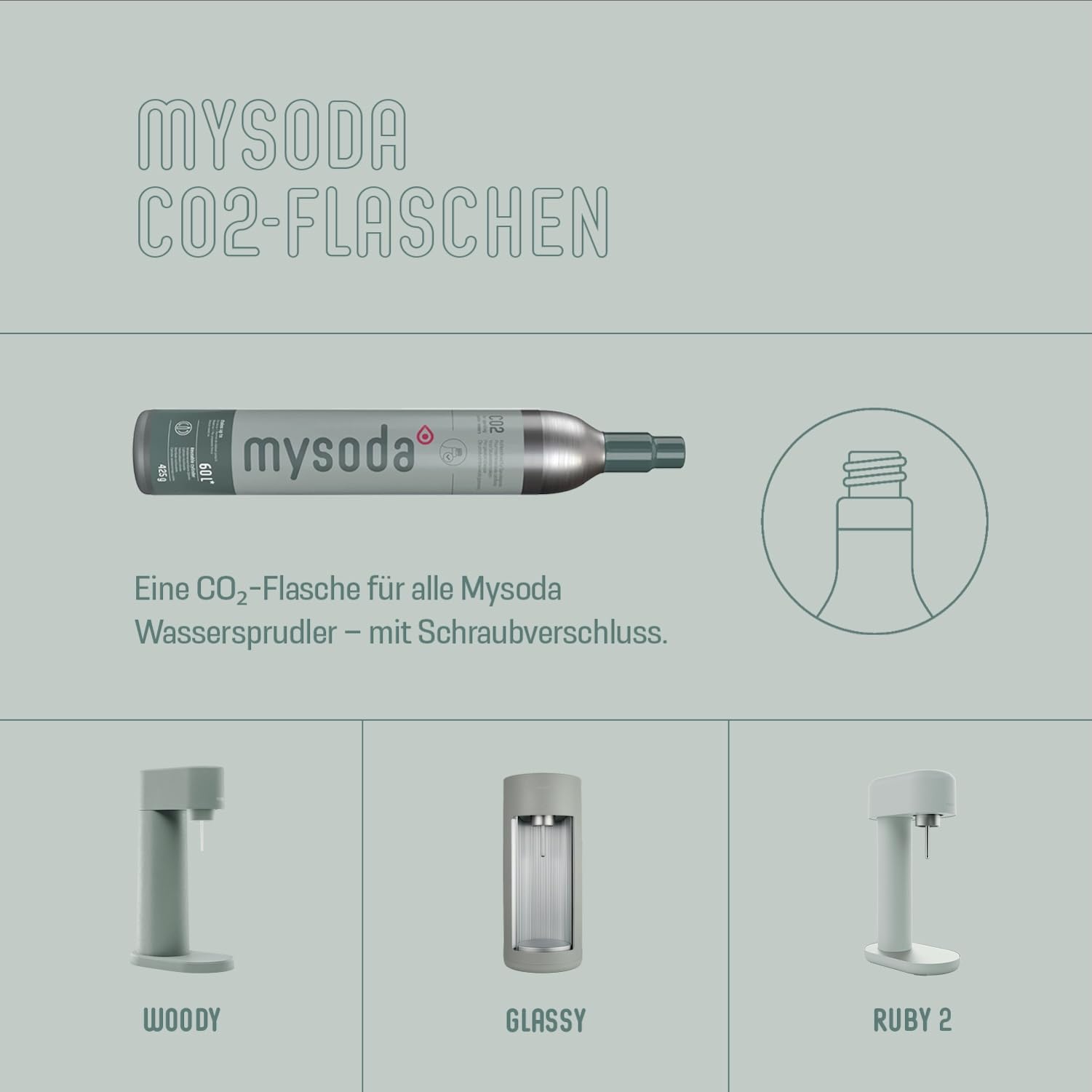 Mysoda: Stilvoller Ruby 2 Wassersprudler aus robustem Aluminium (ohne CO2-Zylinder) mit hochwertiger 1-Liter-Wasserflasche in Premiumdesign - Salbeigrün (Pigeon)