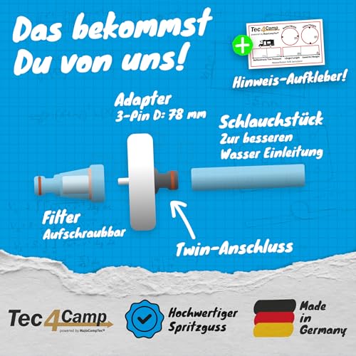 Tec4Camp® WATERTWIN-PRO 3-Pin D:78 | Adapter mit Filter für Wassereinfüllstutzen | Gardena kompatibler Tankdeckel Befülladapter | Wasserhahn Anschluss Wohnmobil Wohnwagen Camping Van