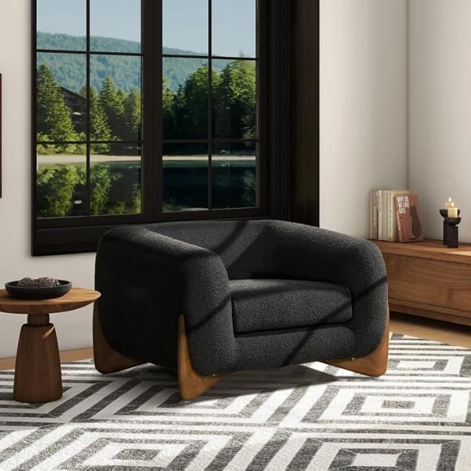 Image of Upholstered 3 Seater Sofa Three Seater Sofa with Wooden Legs for Living Room Hotels & Offices (One Seater Boucle Balck) (Black 1 Seater)
