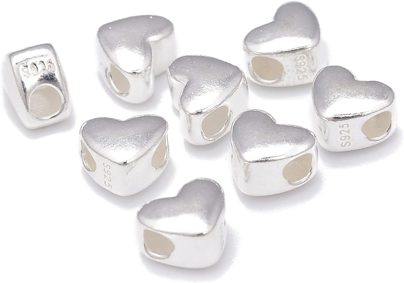 JM Design Sterling Silver Large Hole Heart Beads Size 6.6x7.7mm, 5pcs per Bag for Jewelry Making