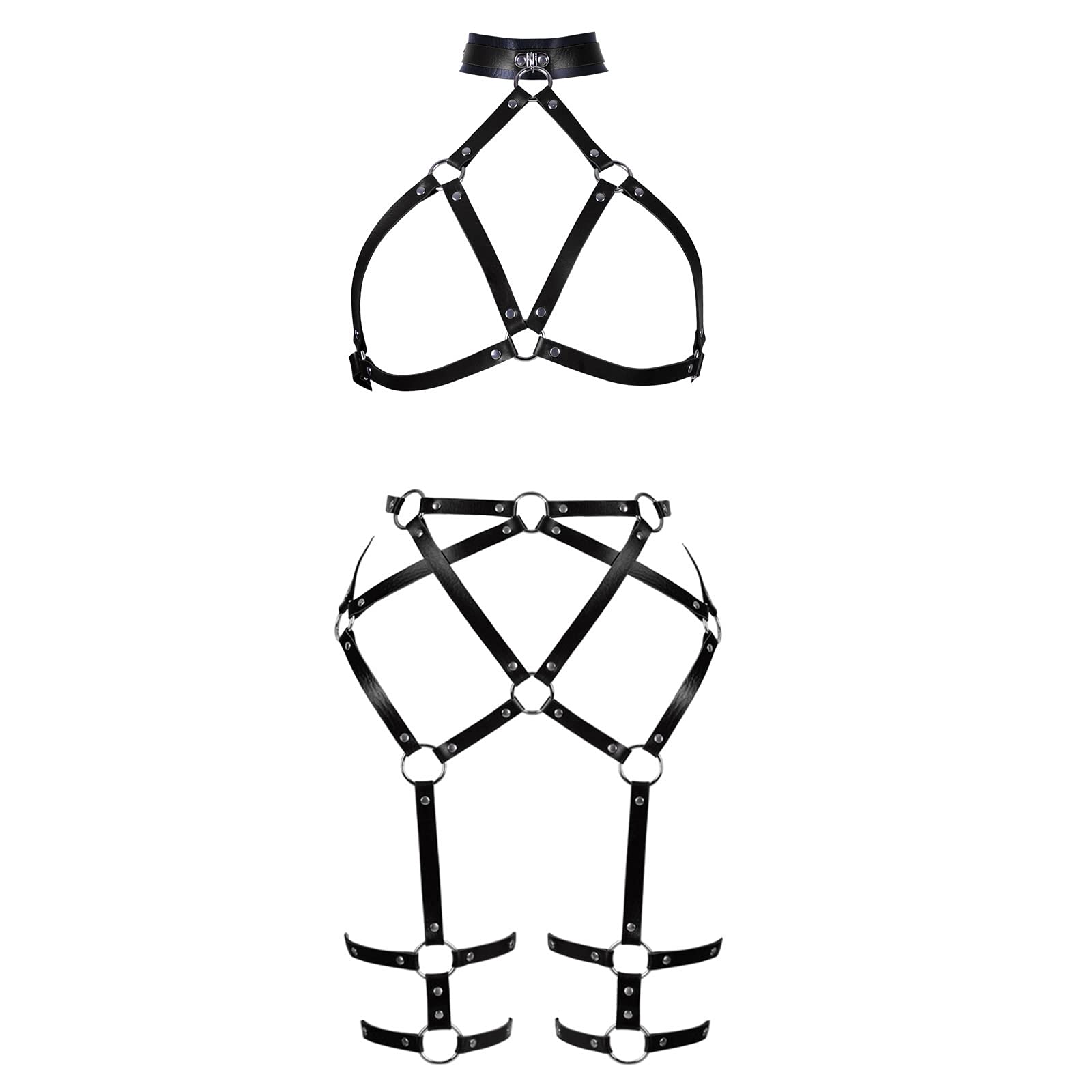 Leather Full body harness for women Chest strap cage Dance Rock Photography Waist belt Gothic Punk Garter belt - Black
