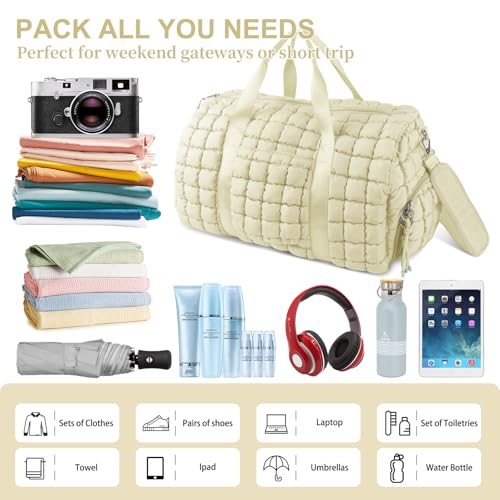 Image of Quilted Travel Duffle Bag Gym Bag for Women,Large Puffer Duffle Weekender Bag with Compartment,Workout Overnight Carry on Organizer Bag Duffle Bag for Airplane Travel(L-Off-white)